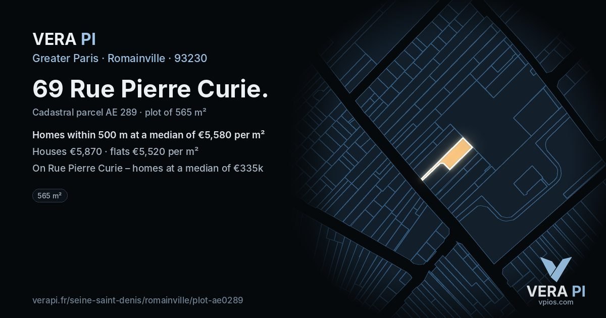 69 Rue Pierre Curie, Romainville at night – the plot lit, the parcels around coloured by the prices near them