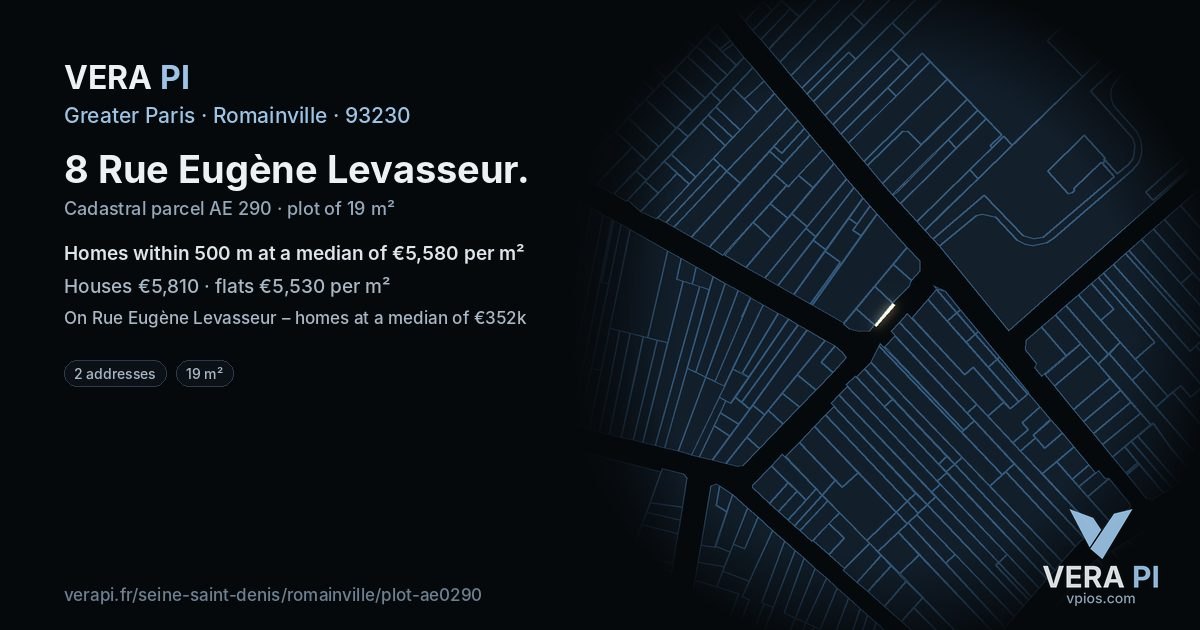 8 Rue Eugène Levasseur, Romainville at night – the plot lit, the parcels around coloured by the prices near them