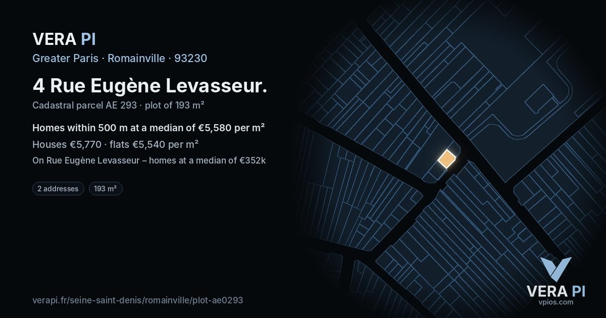 4 Rue Eugène Levasseur, Romainville at night – the plot lit, the parcels around coloured by the prices near them