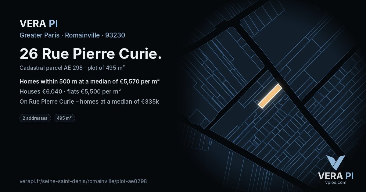 26 Rue Pierre Curie, Romainville at night – the plot lit, the parcels around coloured by the prices near them