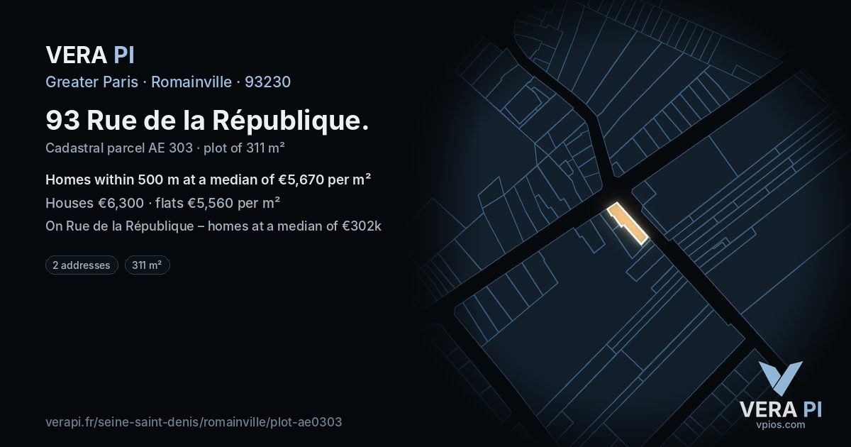93 Rue de la République, Romainville at night – the plot lit, the parcels around coloured by the prices near them