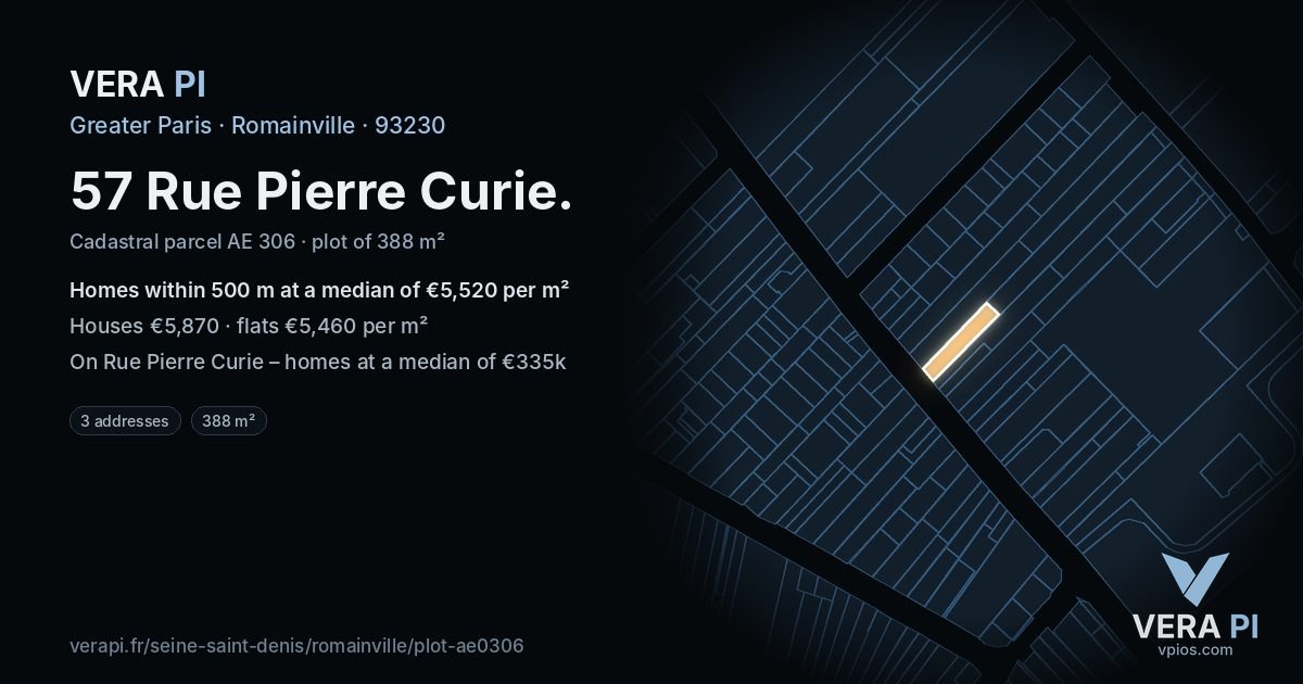 57 Rue Pierre Curie, Romainville at night – the plot lit, the parcels around coloured by the prices near them