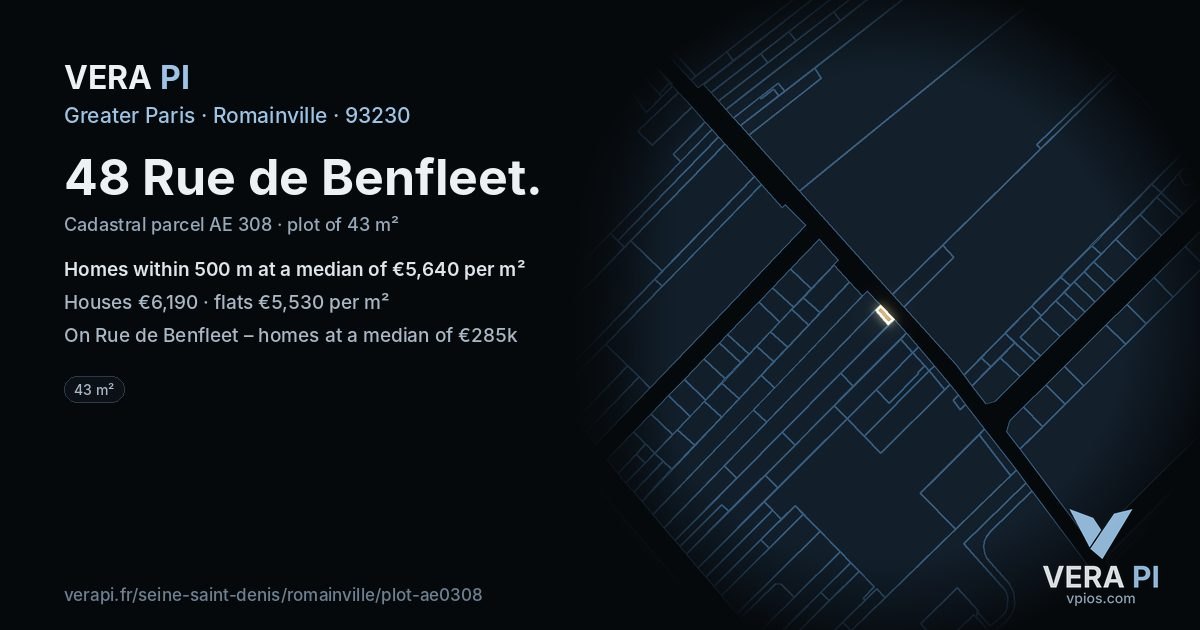 48 Rue de Benfleet, Romainville at night – the plot lit, the parcels around coloured by the prices near them
