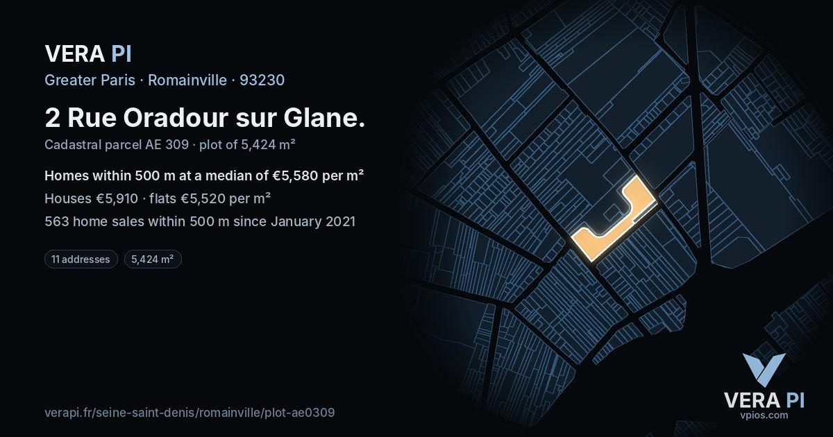 2 Rue Oradour sur Glane, Romainville at night – the plot lit, the parcels around coloured by the prices near them