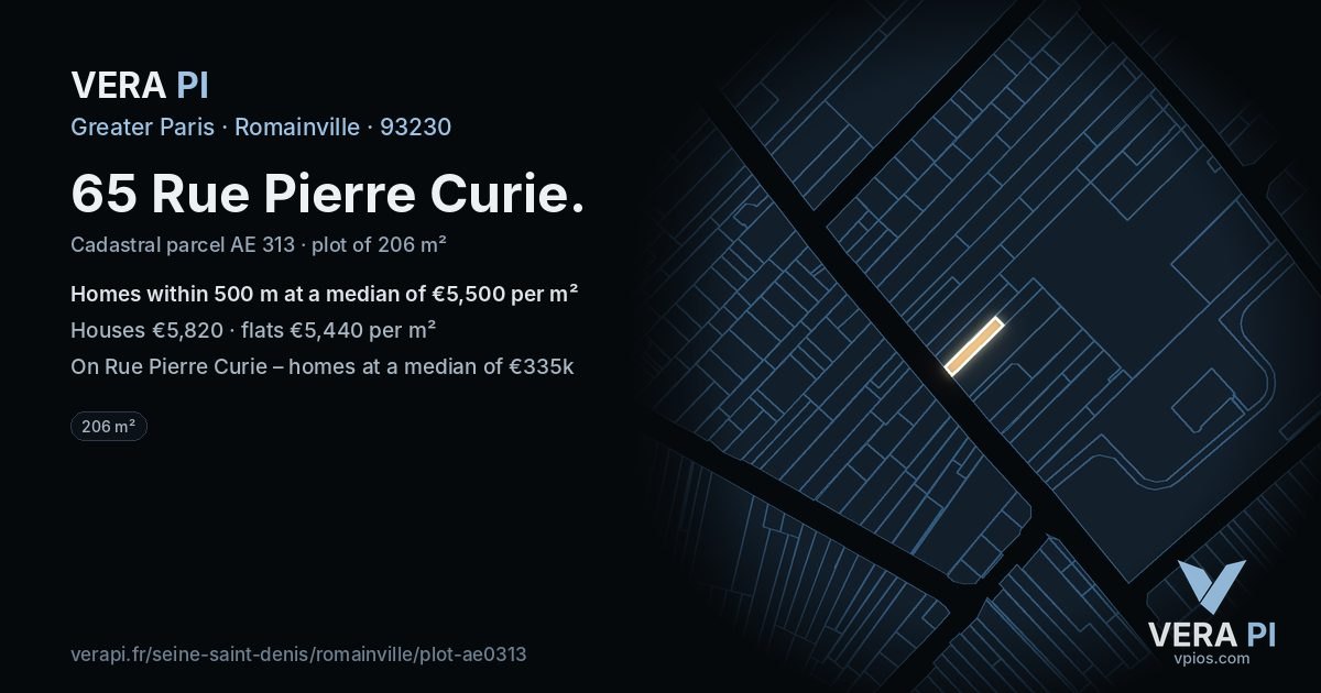 65 Rue Pierre Curie, Romainville at night – the plot lit, the parcels around coloured by the prices near them