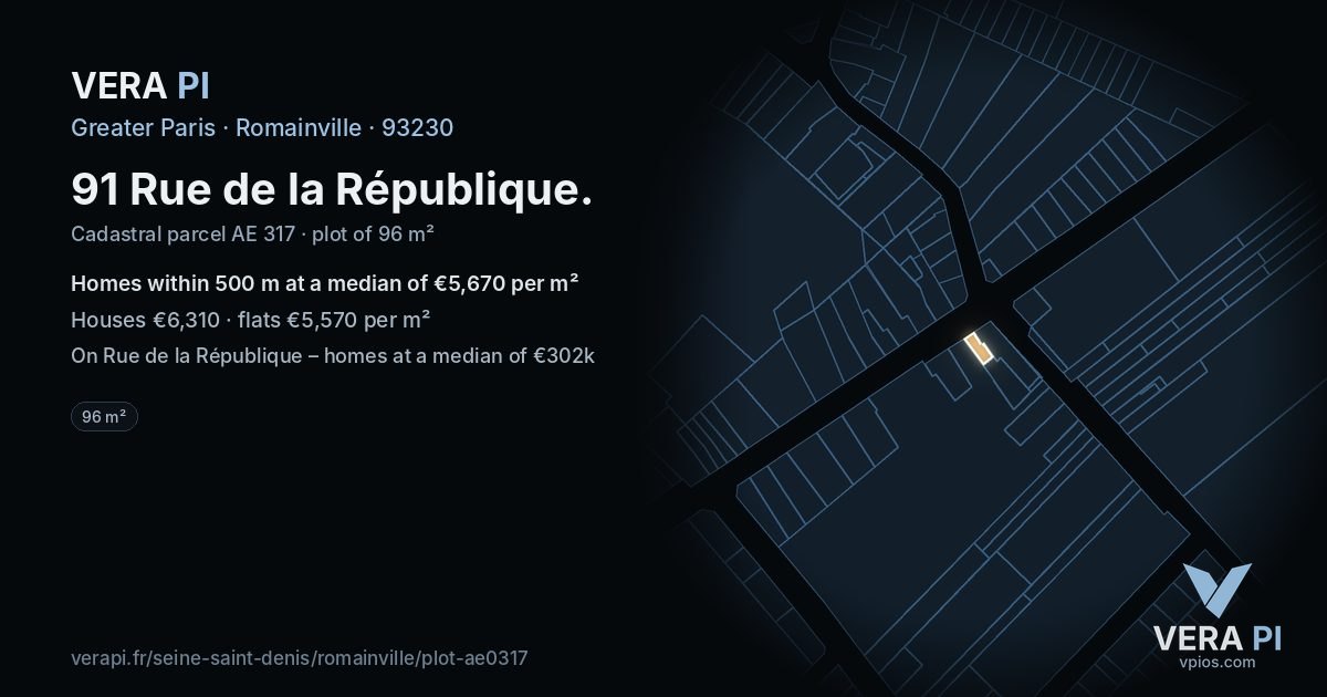 91 Rue de la République, Romainville at night – the plot lit, the parcels around coloured by the prices near them