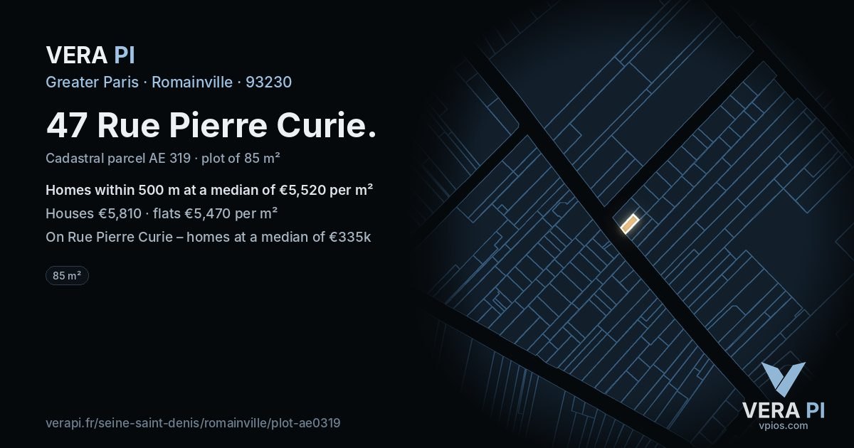 47 Rue Pierre Curie, Romainville at night – the plot lit, the parcels around coloured by the prices near them
