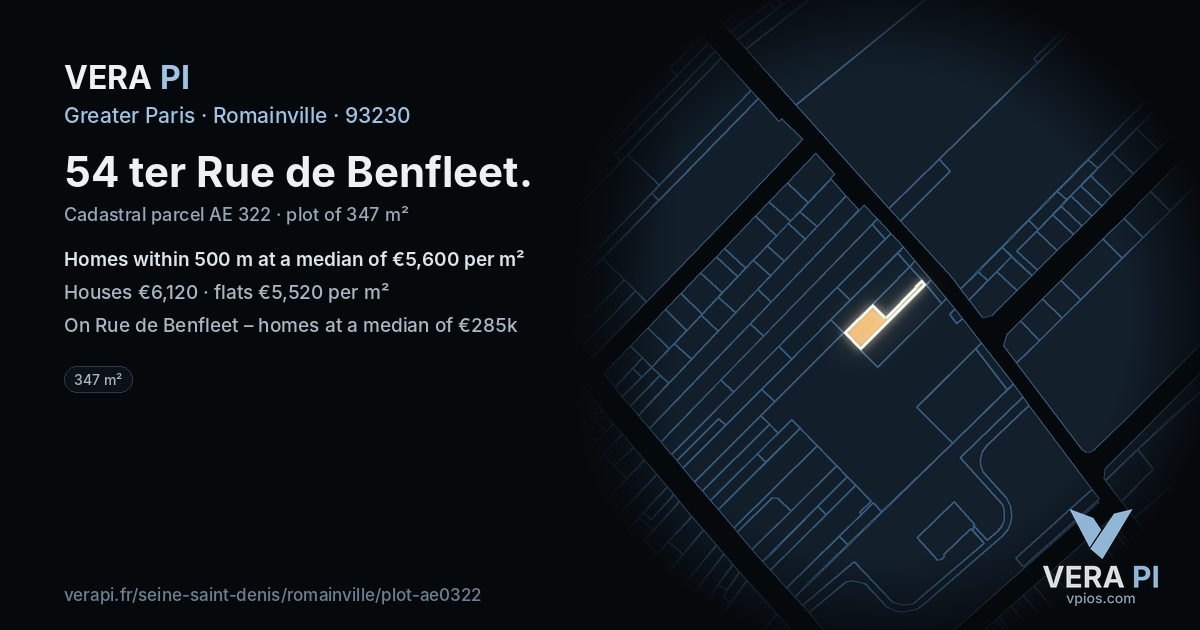 54 ter Rue de Benfleet, Romainville at night – the plot lit, the parcels around coloured by the prices near them