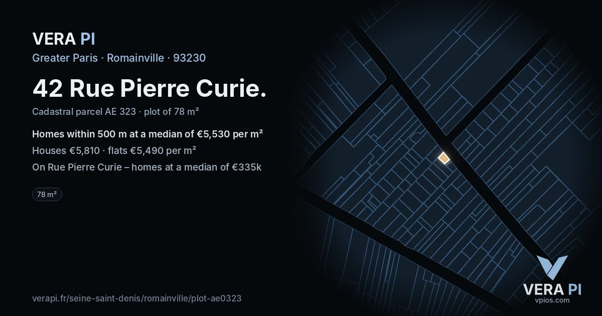 42 Rue Pierre Curie, Romainville at night – the plot lit, the parcels around coloured by the prices near them