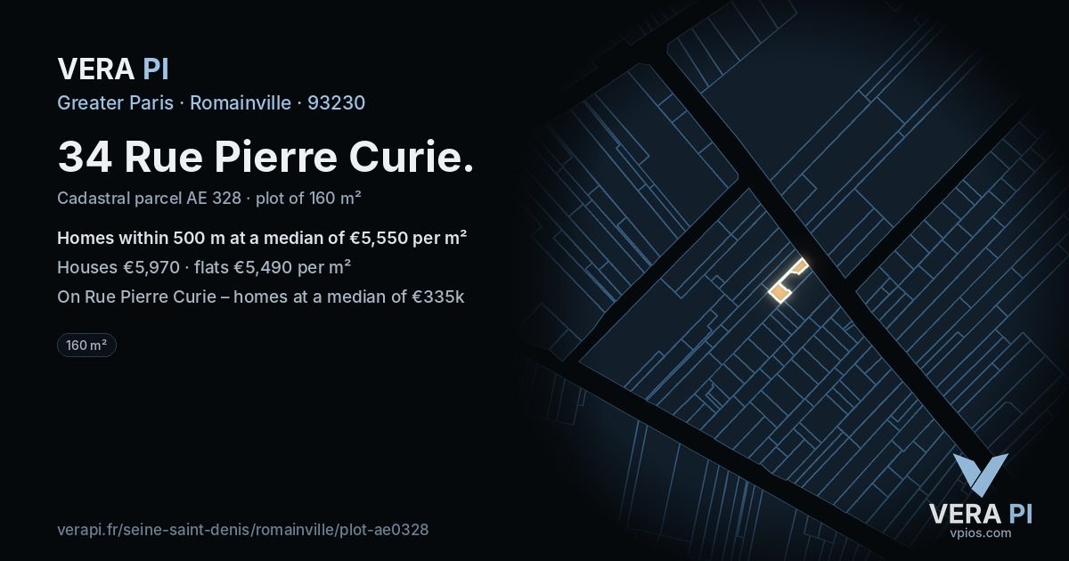 34 Rue Pierre Curie, Romainville at night – the plot lit, the parcels around coloured by the prices near them