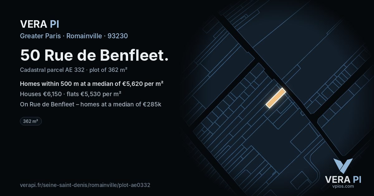 50 Rue de Benfleet, Romainville at night – the plot lit, the parcels around coloured by the prices near them