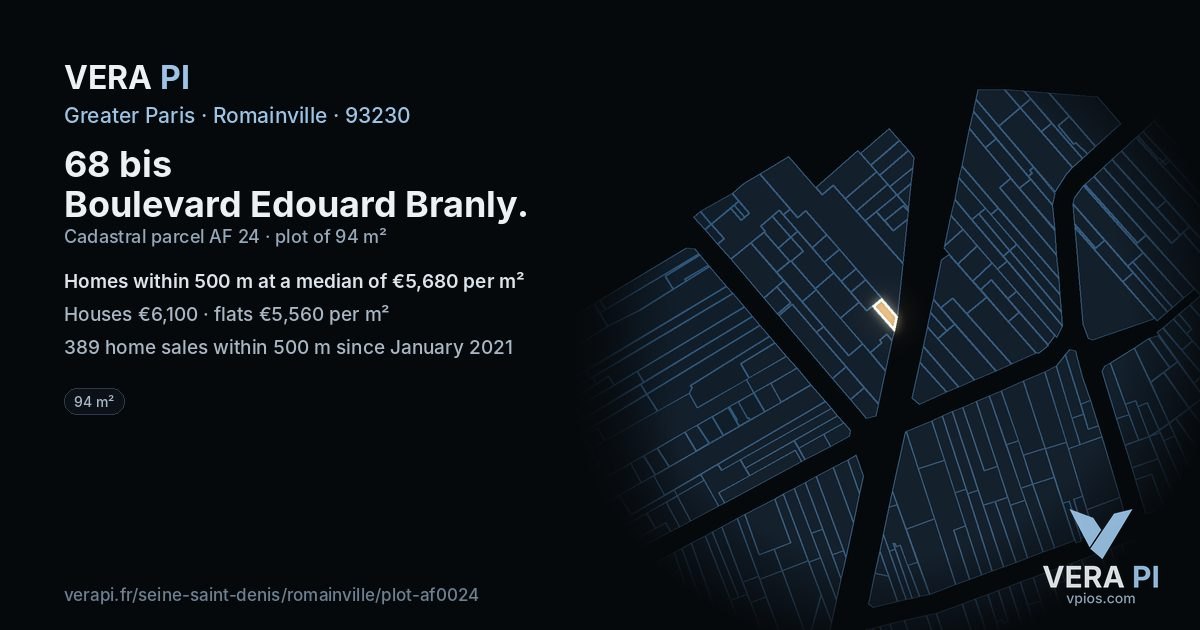 68 bis Boulevard Edouard Branly, Romainville at night – the plot lit, the parcels around coloured by the prices near them
