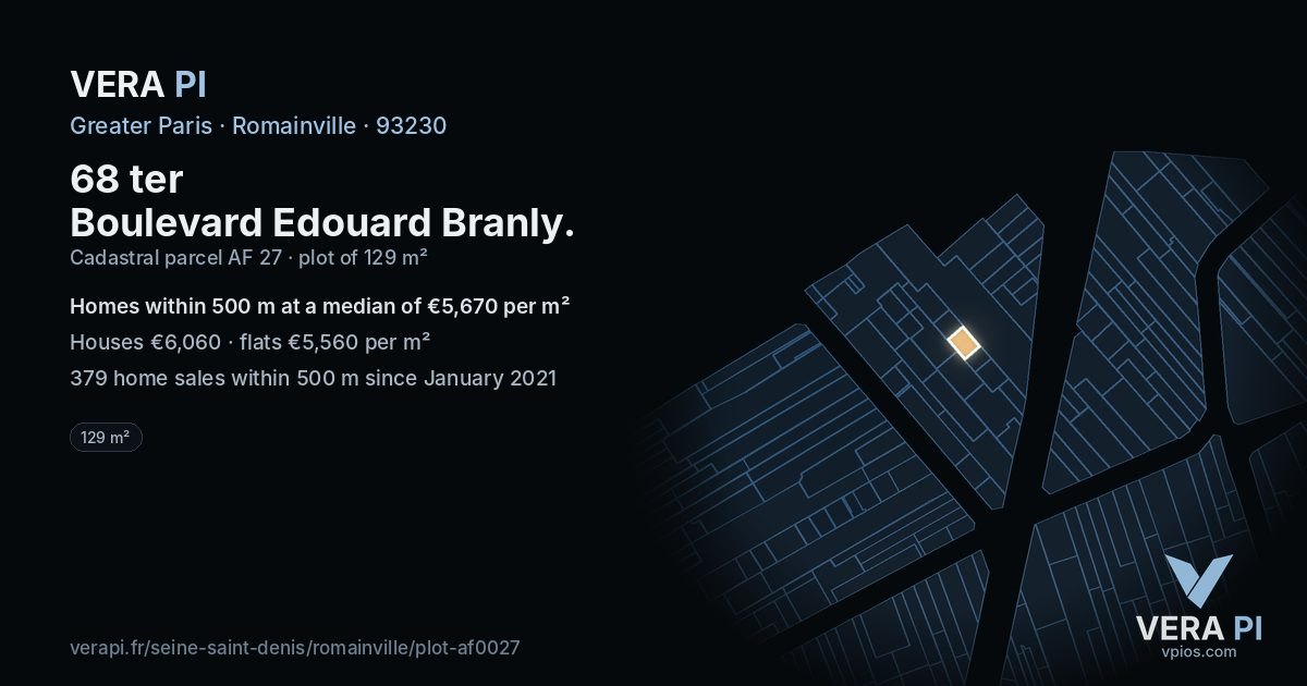 68 ter Boulevard Edouard Branly, Romainville at night – the plot lit, the parcels around coloured by the prices near them