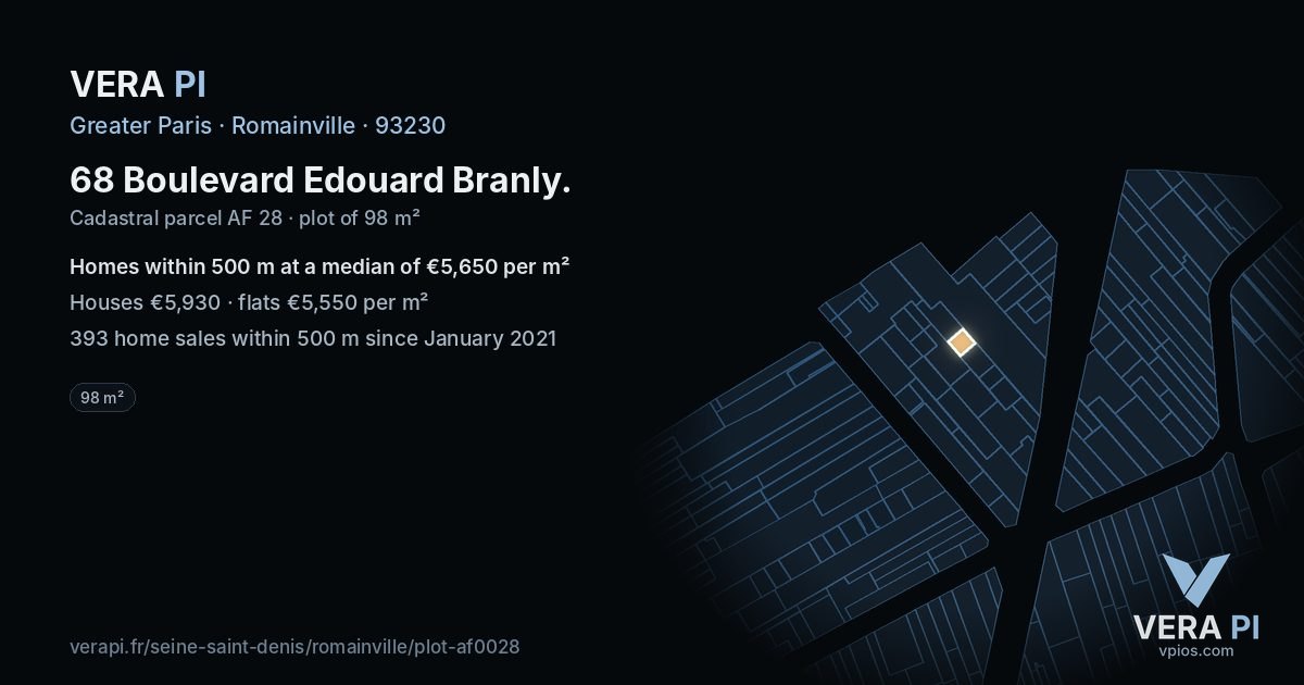 68 Boulevard Edouard Branly, Romainville at night – the plot lit, the parcels around coloured by the prices near them
