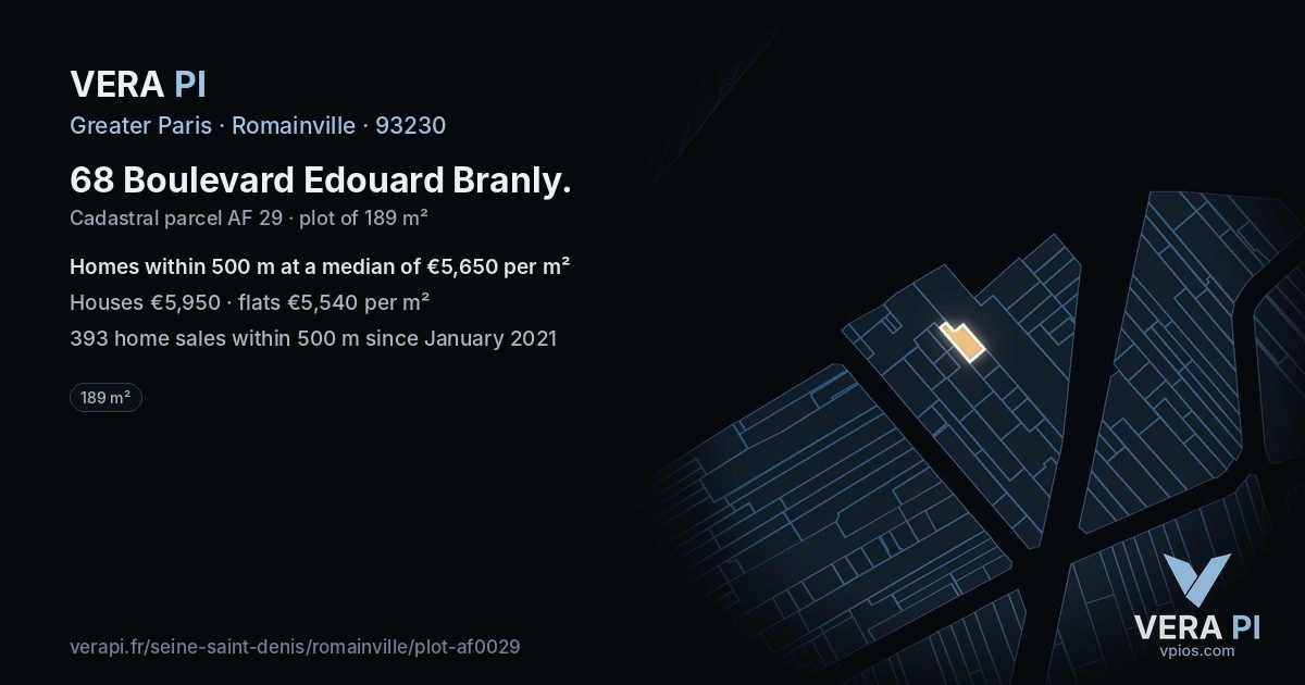 68 Boulevard Edouard Branly, Romainville at night – the plot lit, the parcels around coloured by the prices near them
