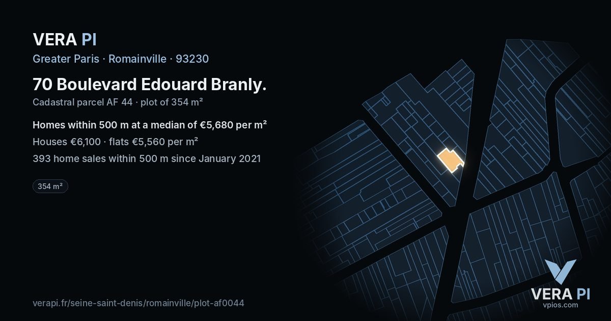 70 Boulevard Edouard Branly, Romainville at night – the plot lit, the parcels around coloured by the prices near them