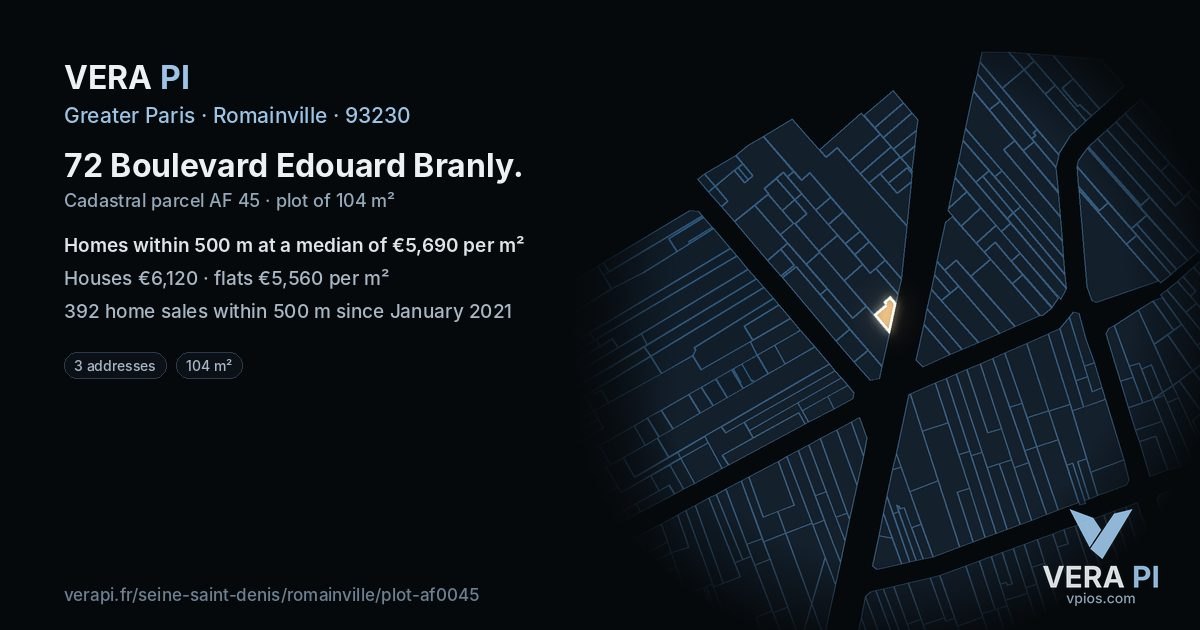72 Boulevard Edouard Branly, Romainville at night – the plot lit, the parcels around coloured by the prices near them