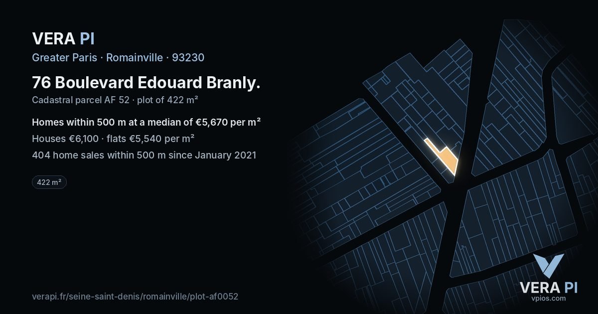 76 Boulevard Edouard Branly, Romainville at night – the plot lit, the parcels around coloured by the prices near them