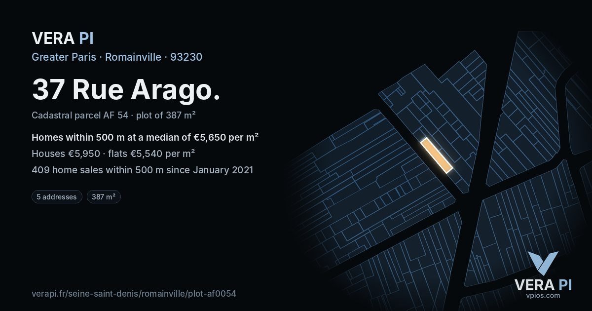 37 Rue Arago, Romainville at night – the plot lit, the parcels around coloured by the prices near them