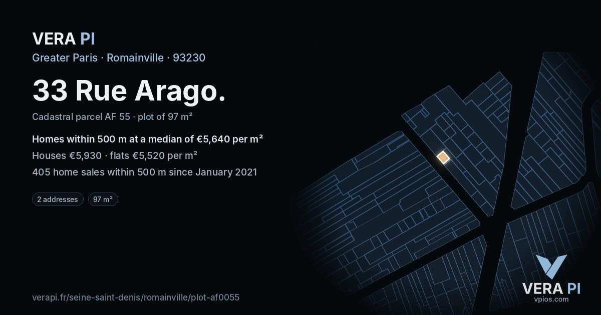33 Rue Arago, Romainville at night – the plot lit, the parcels around coloured by the prices near them