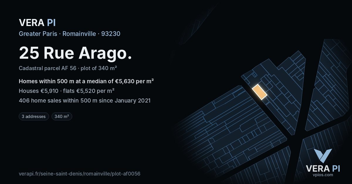 25 Rue Arago, Romainville at night – the plot lit, the parcels around coloured by the prices near them