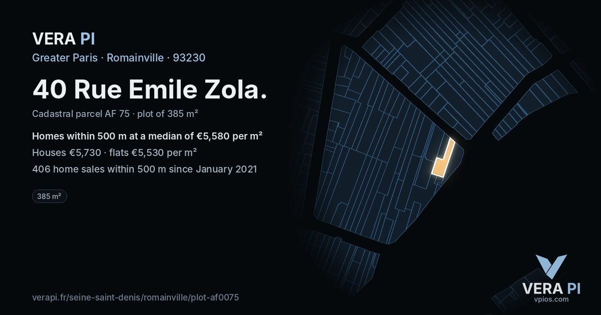 40 Rue Emile Zola, Romainville at night – the plot lit, the parcels around coloured by the prices near them