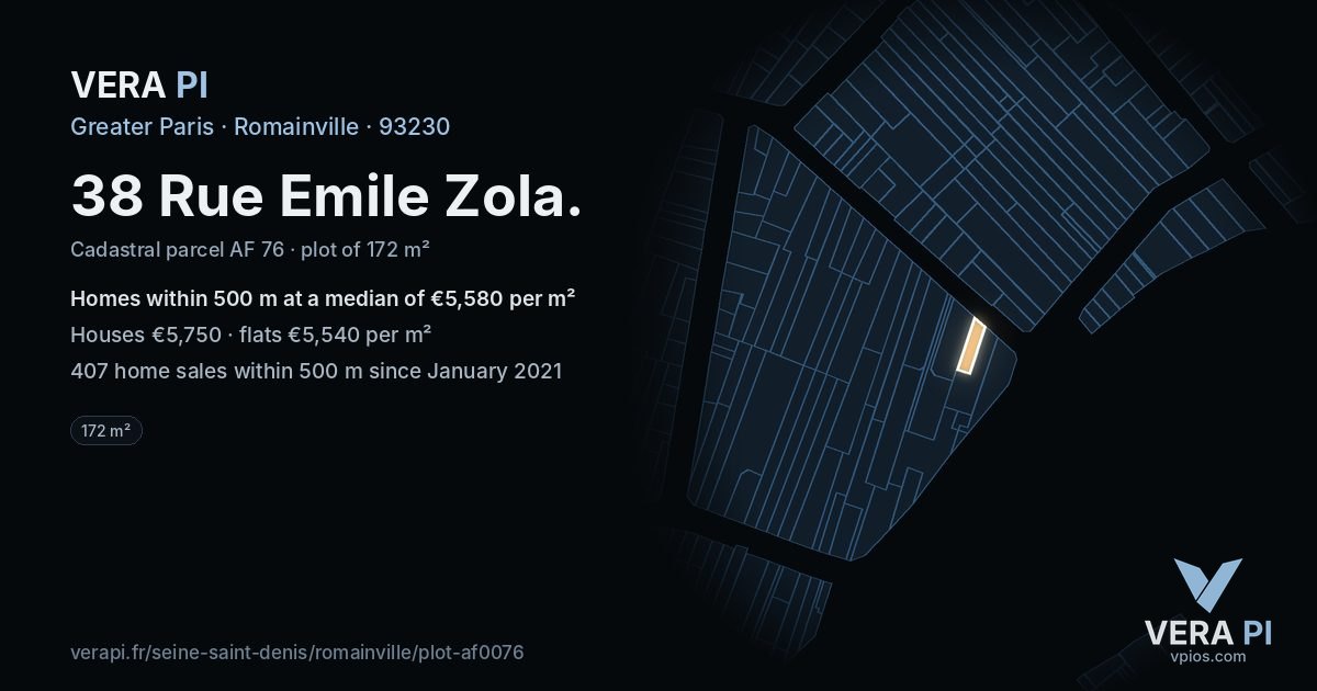 38 Rue Emile Zola, Romainville at night – the plot lit, the parcels around coloured by the prices near them