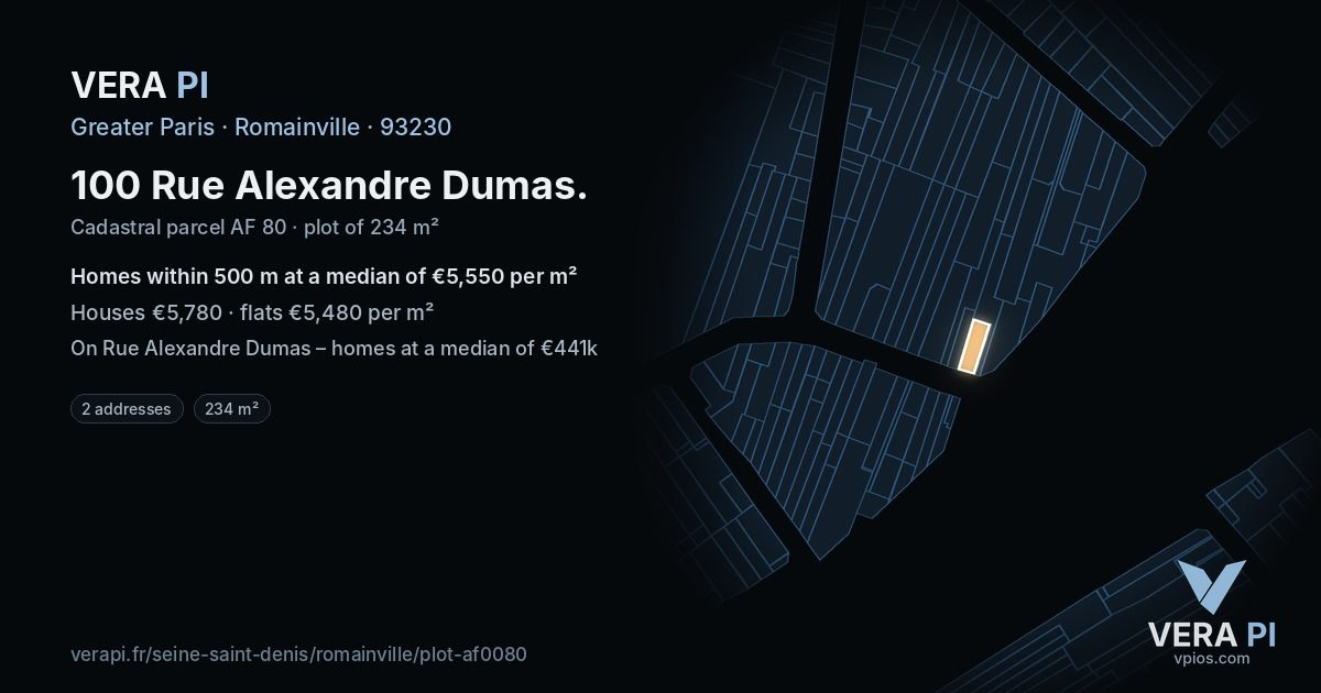 100 Rue Alexandre Dumas, Romainville at night – the plot lit, the parcels around coloured by the prices near them