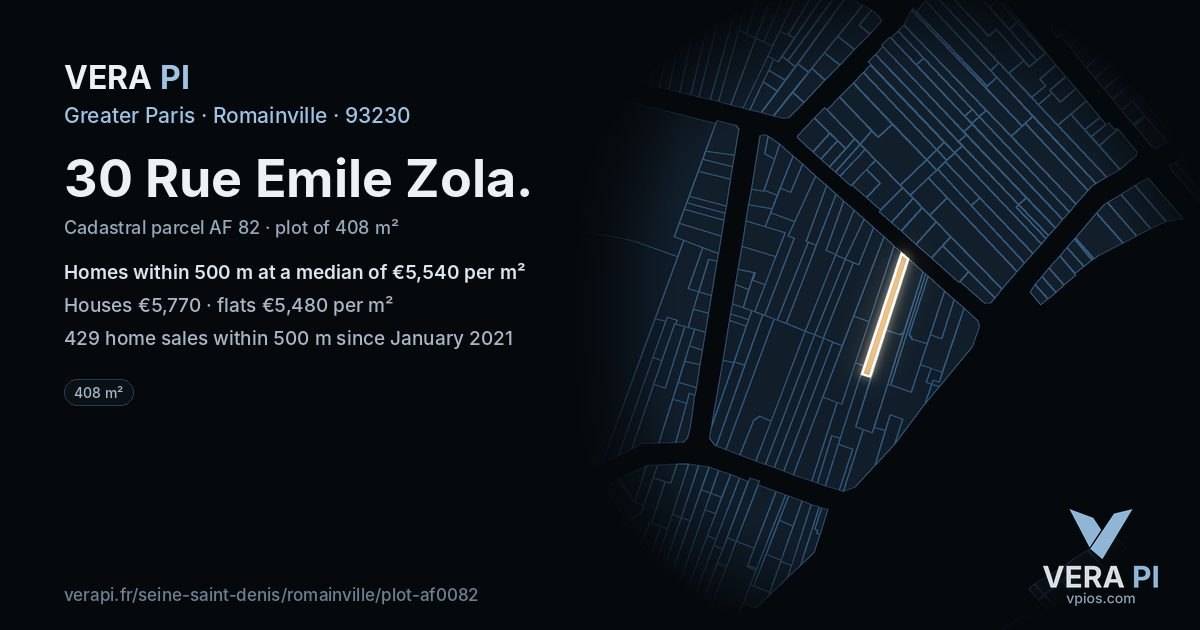 30 Rue Emile Zola, Romainville at night – the plot lit, the parcels around coloured by the prices near them