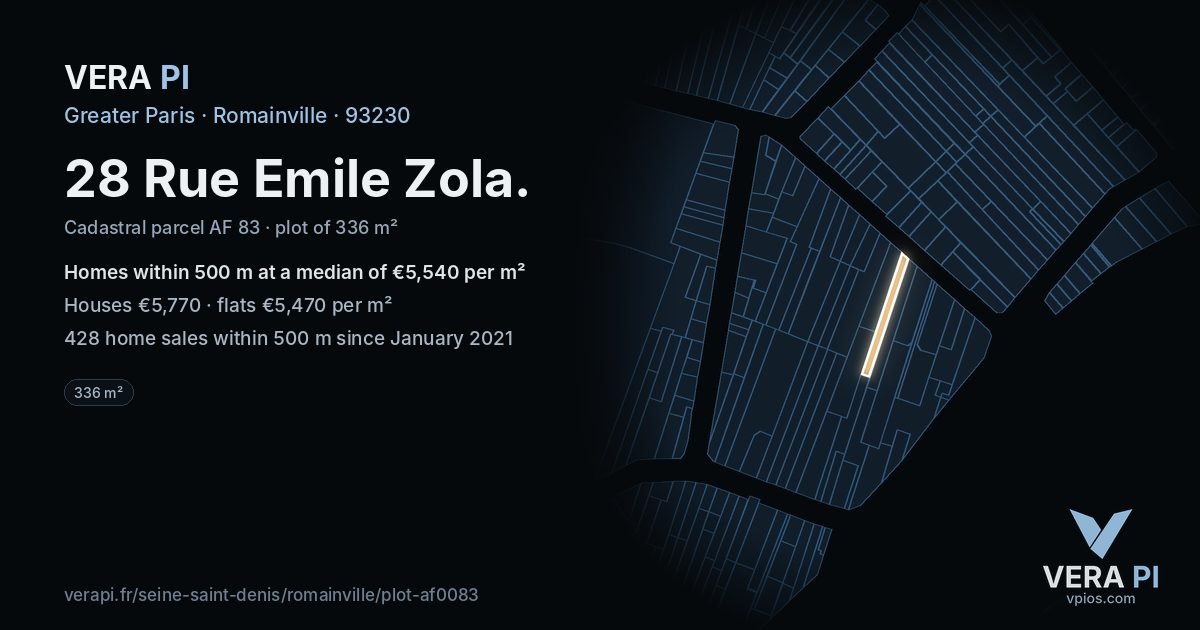 28 Rue Emile Zola, Romainville at night – the plot lit, the parcels around coloured by the prices near them