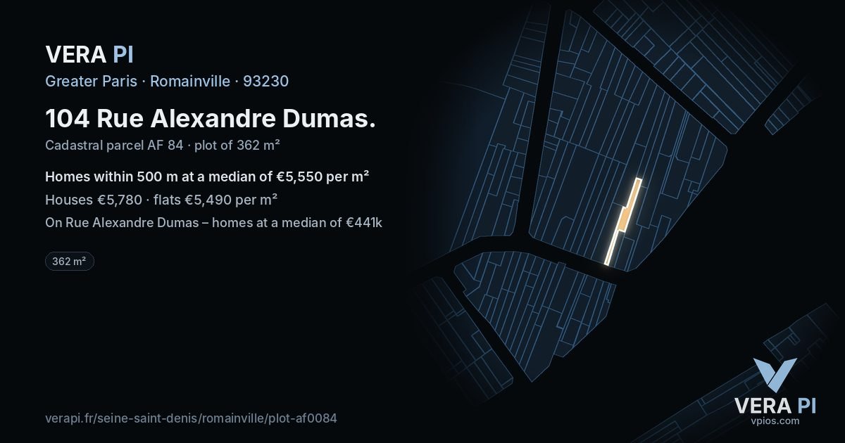 104 Rue Alexandre Dumas, Romainville at night – the plot lit, the parcels around coloured by the prices near them