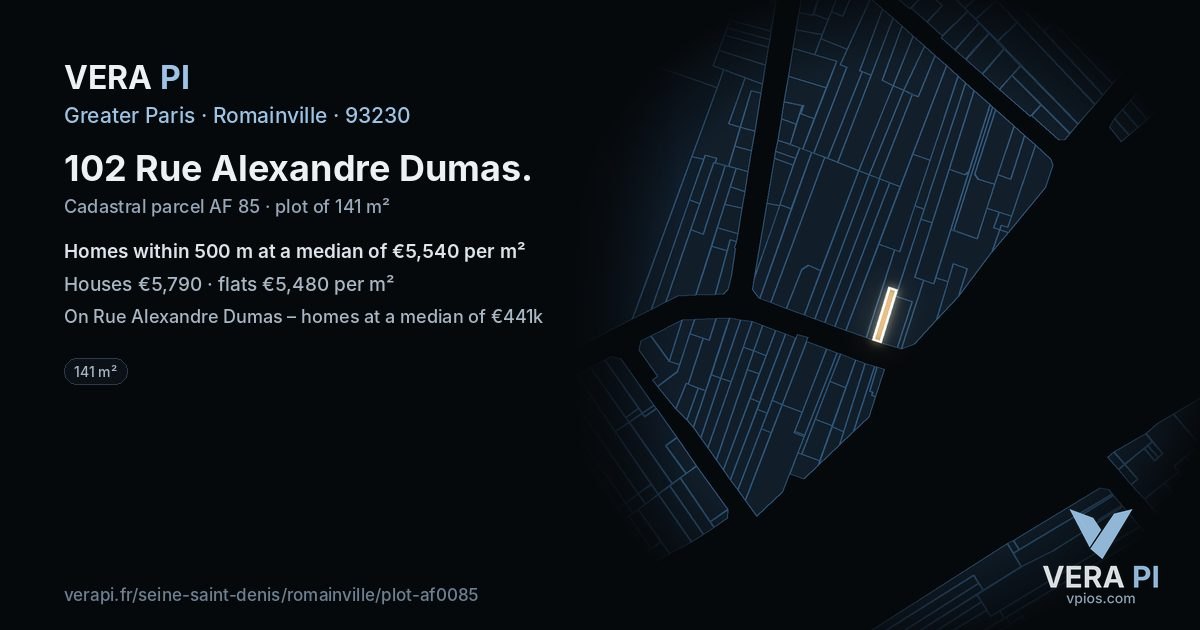 102 Rue Alexandre Dumas, Romainville at night – the plot lit, the parcels around coloured by the prices near them