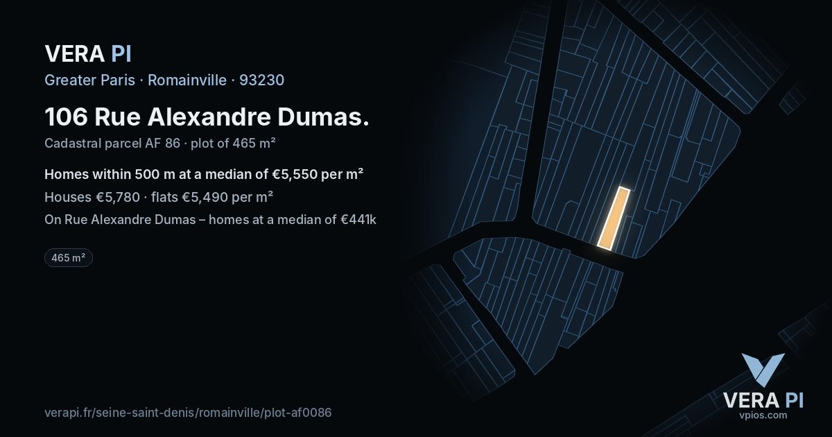 106 Rue Alexandre Dumas, Romainville at night – the plot lit, the parcels around coloured by the prices near them