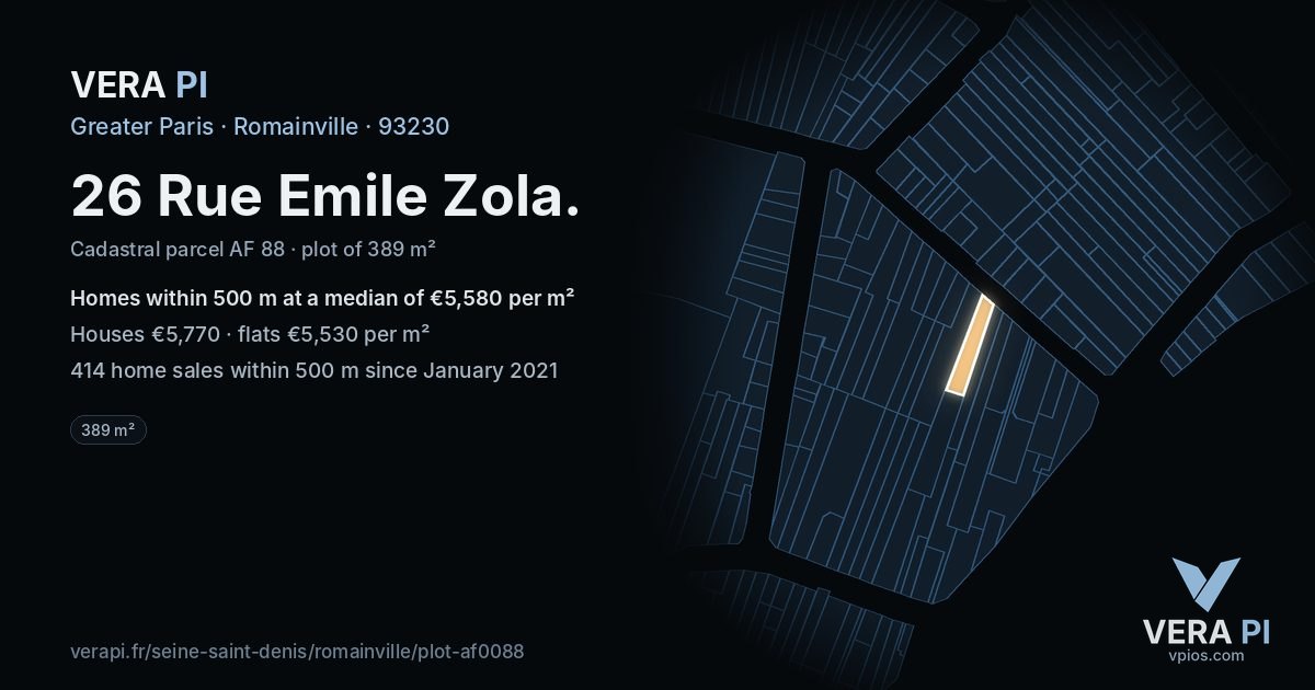 26 Rue Emile Zola, Romainville at night – the plot lit, the parcels around coloured by the prices near them