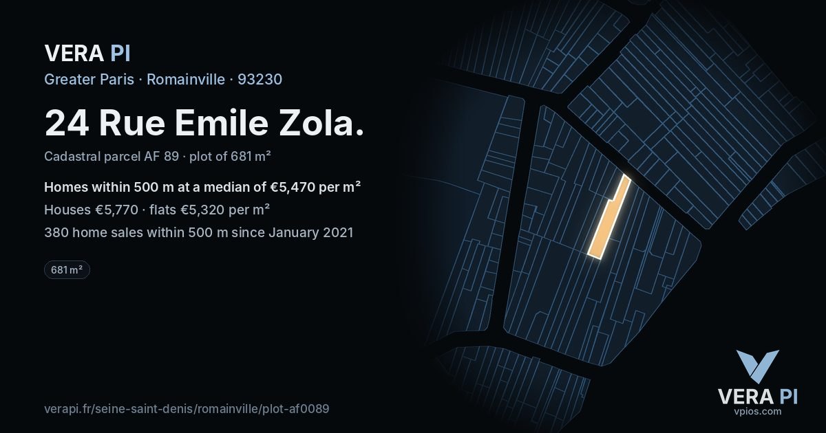 24 Rue Emile Zola, Romainville at night – the plot lit, the parcels around coloured by the prices near them
