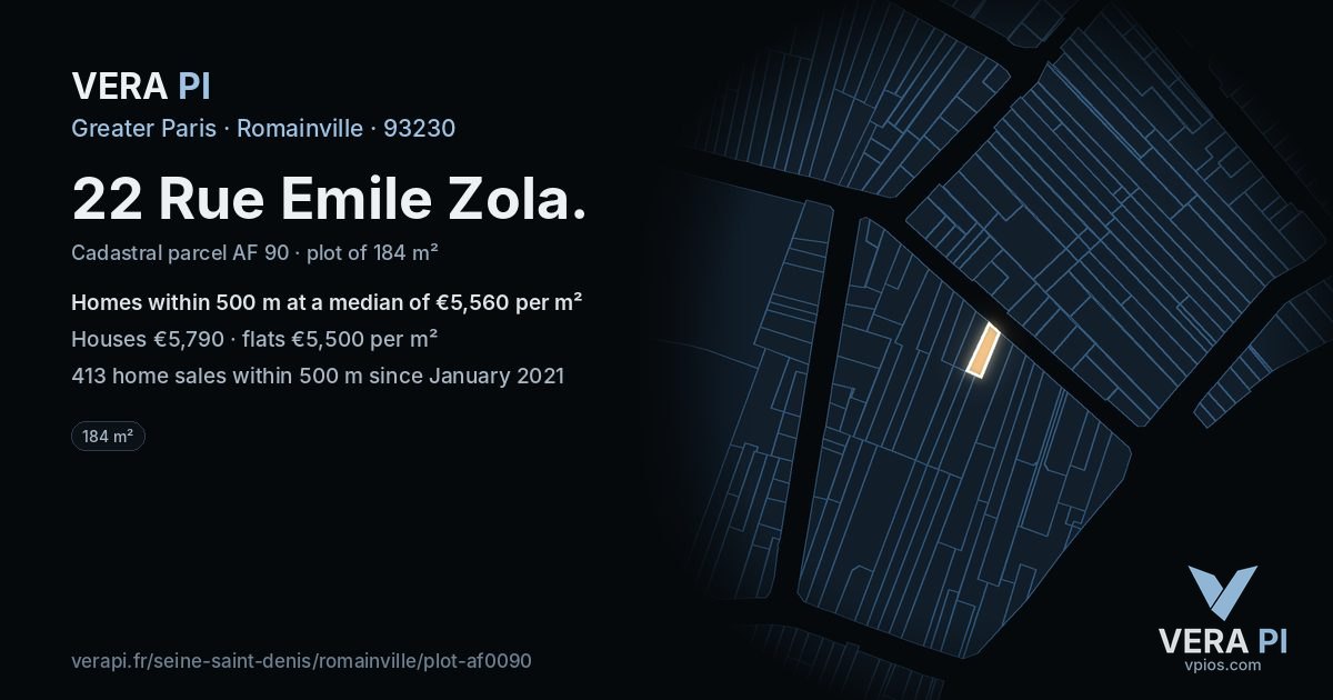 22 Rue Emile Zola, Romainville at night – the plot lit, the parcels around coloured by the prices near them