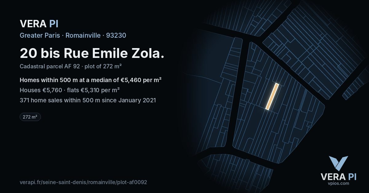 20 bis Rue Emile Zola, Romainville at night – the plot lit, the parcels around coloured by the prices near them