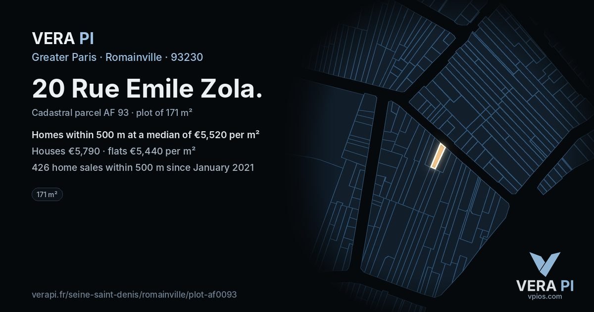 20 Rue Emile Zola, Romainville at night – the plot lit, the parcels around coloured by the prices near them