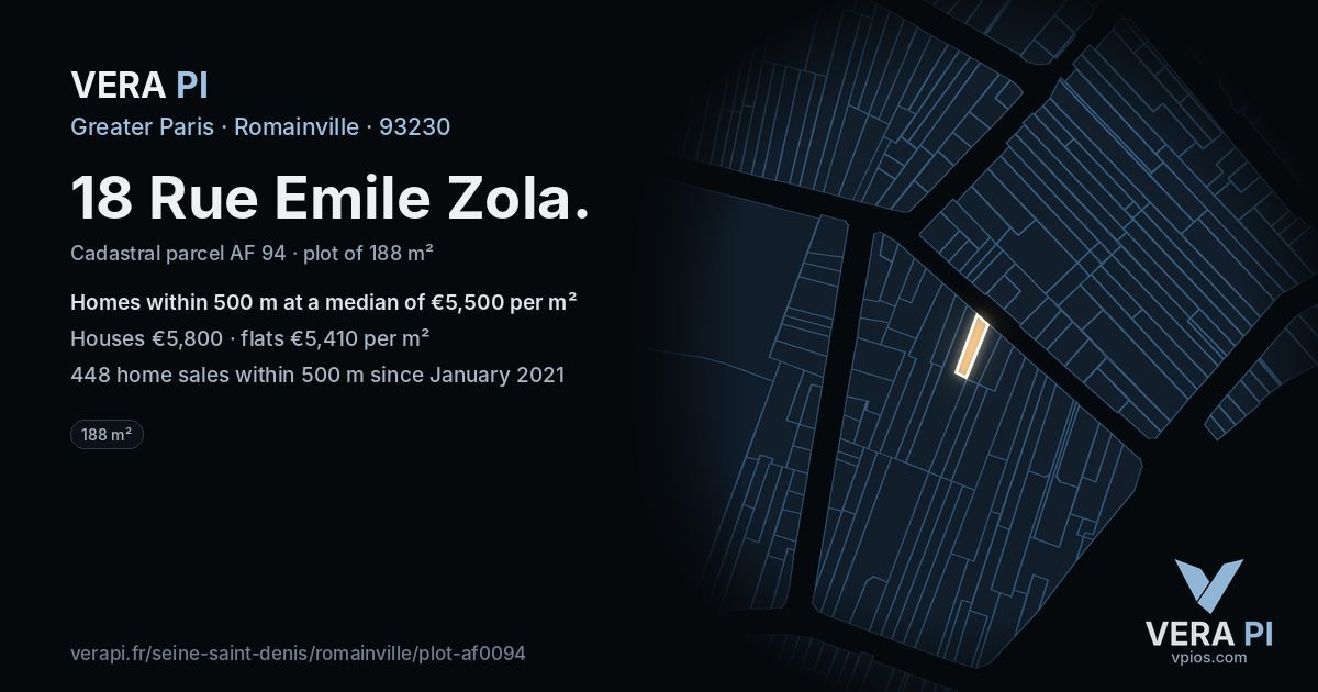 18 Rue Emile Zola, Romainville at night – the plot lit, the parcels around coloured by the prices near them