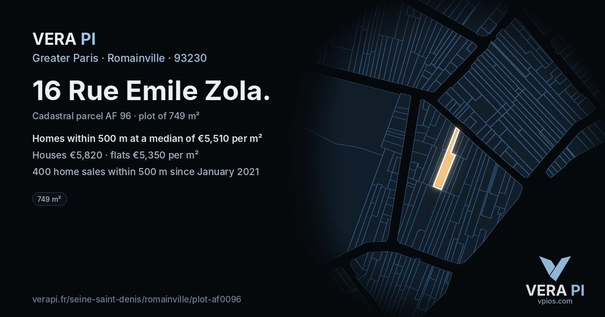 16 Rue Emile Zola, Romainville at night – the plot lit, the parcels around coloured by the prices near them