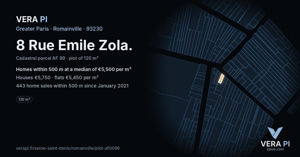 8 Rue Emile Zola, Romainville at night – the plot lit, the parcels around coloured by the prices near them