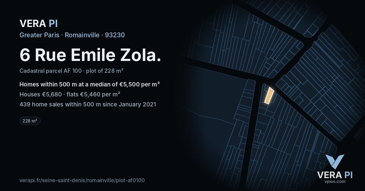 6 Rue Emile Zola, Romainville at night – the plot lit, the parcels around coloured by the prices near them