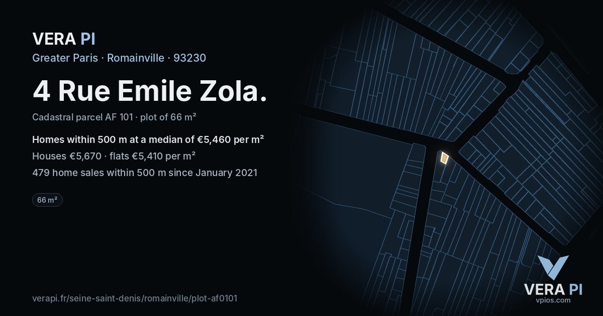 4 Rue Emile Zola, Romainville at night – the plot lit, the parcels around coloured by the prices near them