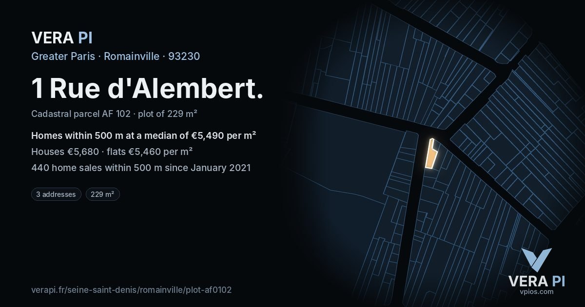 1 Rue d'Alembert, Romainville at night – the plot lit, the parcels around coloured by the prices near them