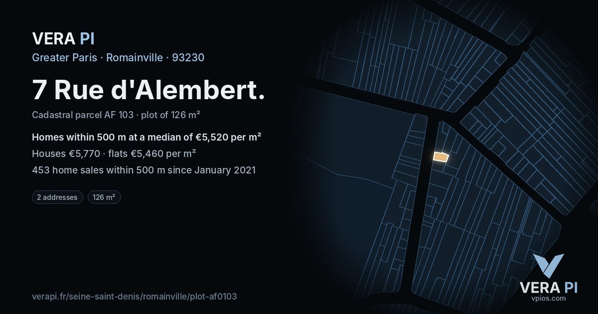7 Rue d'Alembert, Romainville at night – the plot lit, the parcels around coloured by the prices near them