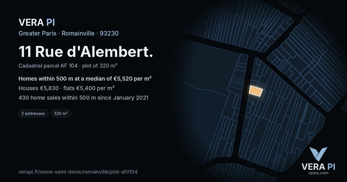 11 Rue d'Alembert, Romainville at night – the plot lit, the parcels around coloured by the prices near them