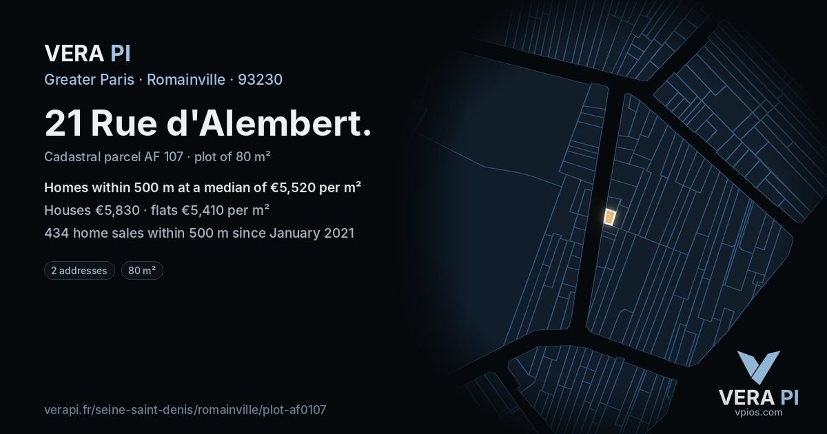 21 Rue d'Alembert, Romainville at night – the plot lit, the parcels around coloured by the prices near them
