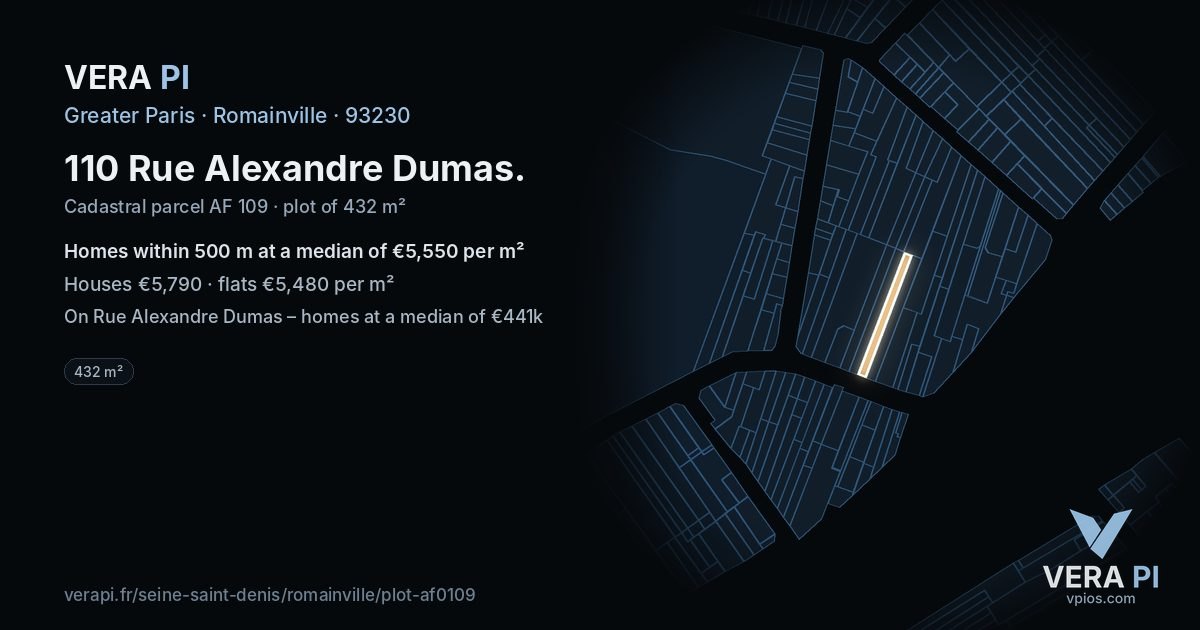 110 Rue Alexandre Dumas, Romainville at night – the plot lit, the parcels around coloured by the prices near them