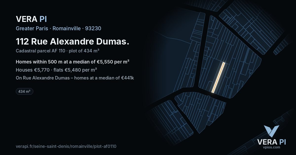 112 Rue Alexandre Dumas, Romainville at night – the plot lit, the parcels around coloured by the prices near them