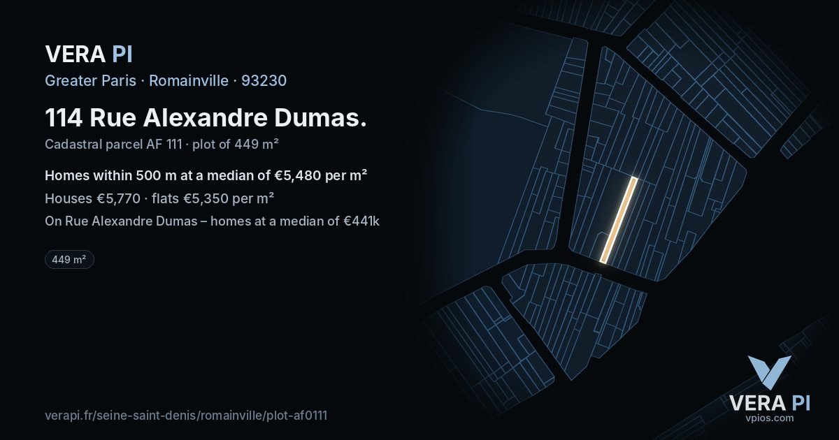 114 Rue Alexandre Dumas, Romainville at night – the plot lit, the parcels around coloured by the prices near them